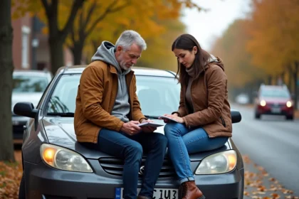 Couple calme remplissant un constat auto après accident
