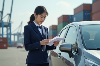Agent de douane japonaise inspectant documents au port