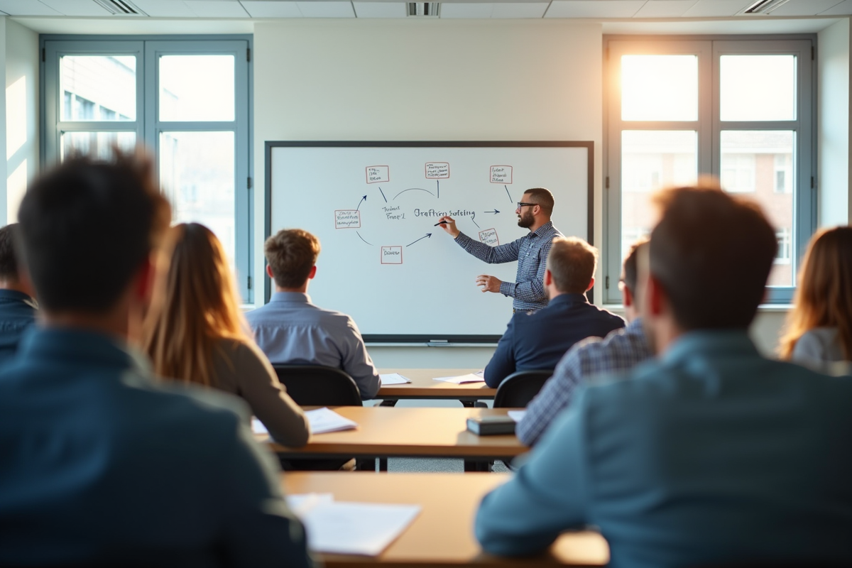 Groupe d'adultes en formation sécurité routière en classe