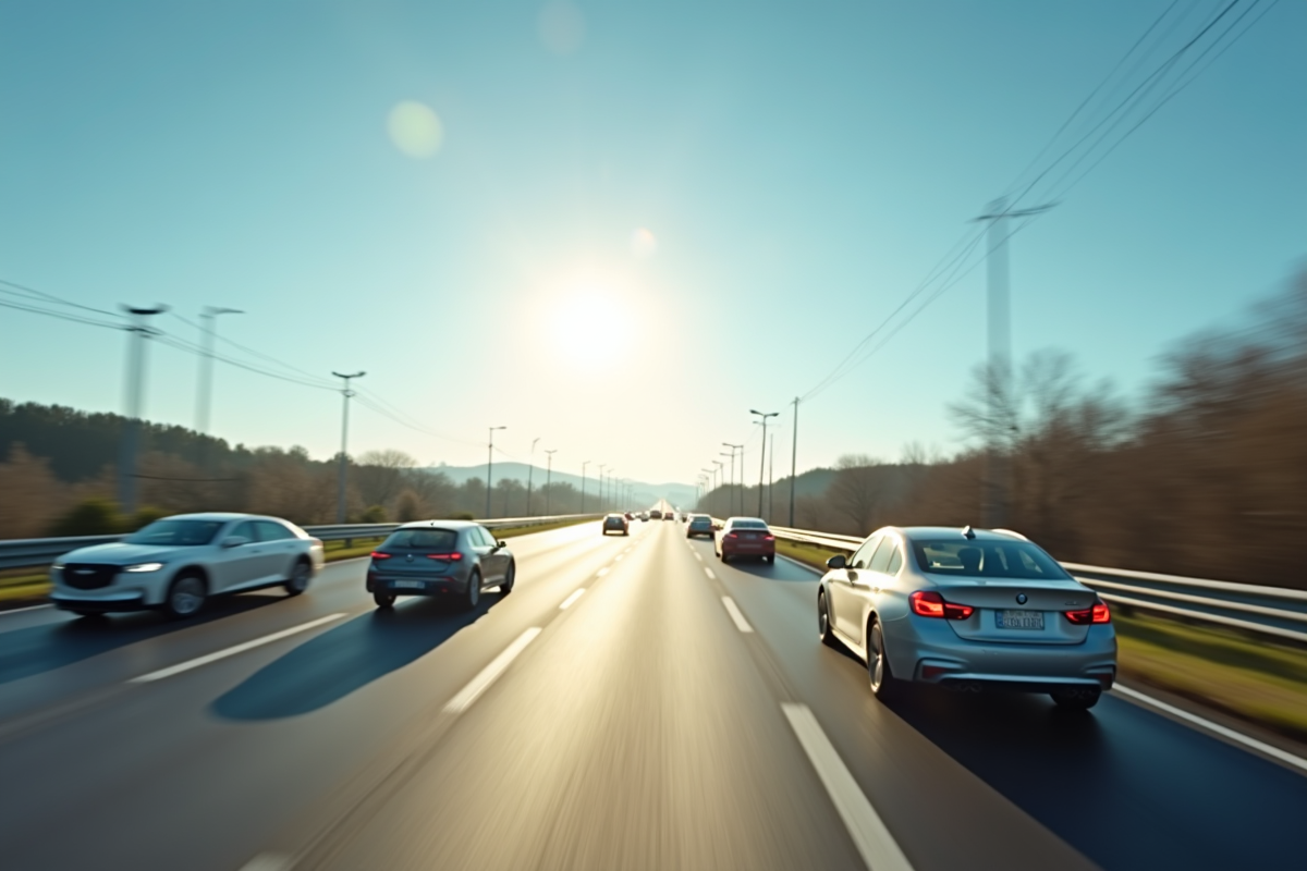 Autoroute moderne en plein soleil avec voitures en mouvement