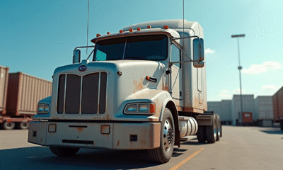 Camion lourd d'occasion stationne dans une cour logistique sous un ciel bleu