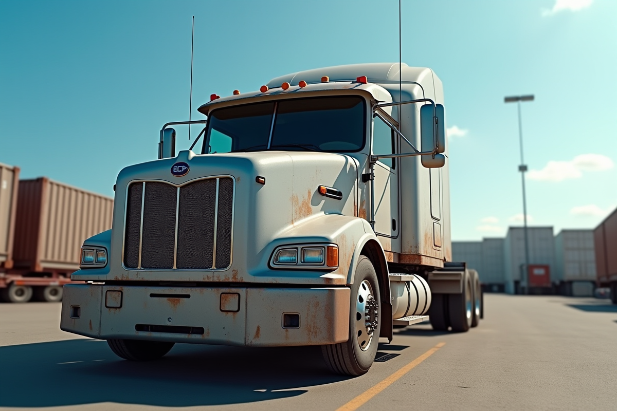 Camion lourd d'occasion stationne dans une cour logistique sous un ciel bleu