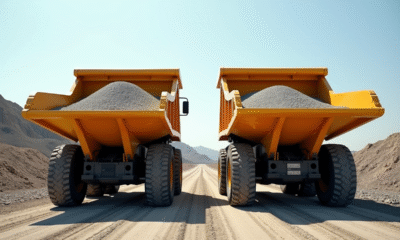 Deux camions-bennes de tailles différentes chargés de gravier sur un chantier