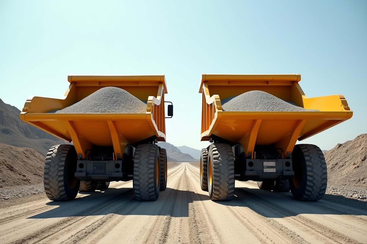 Deux camions-bennes de tailles différentes chargés de gravier sur un chantier