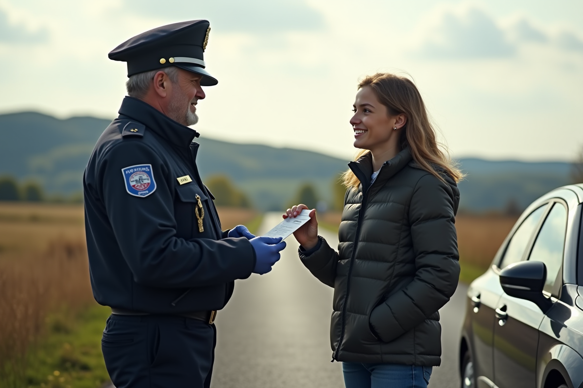 Agent de police contrôlant une adolescente dans la campagne française