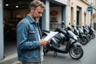 Homme français en denim vérifiant sa moto devant un garage