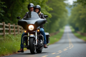 Couple en moto Harley Davidson en campagne