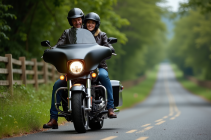 Couple en moto Harley Davidson en campagne