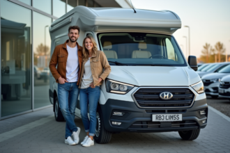 Jeune couple souriant devant un van neuf en concession