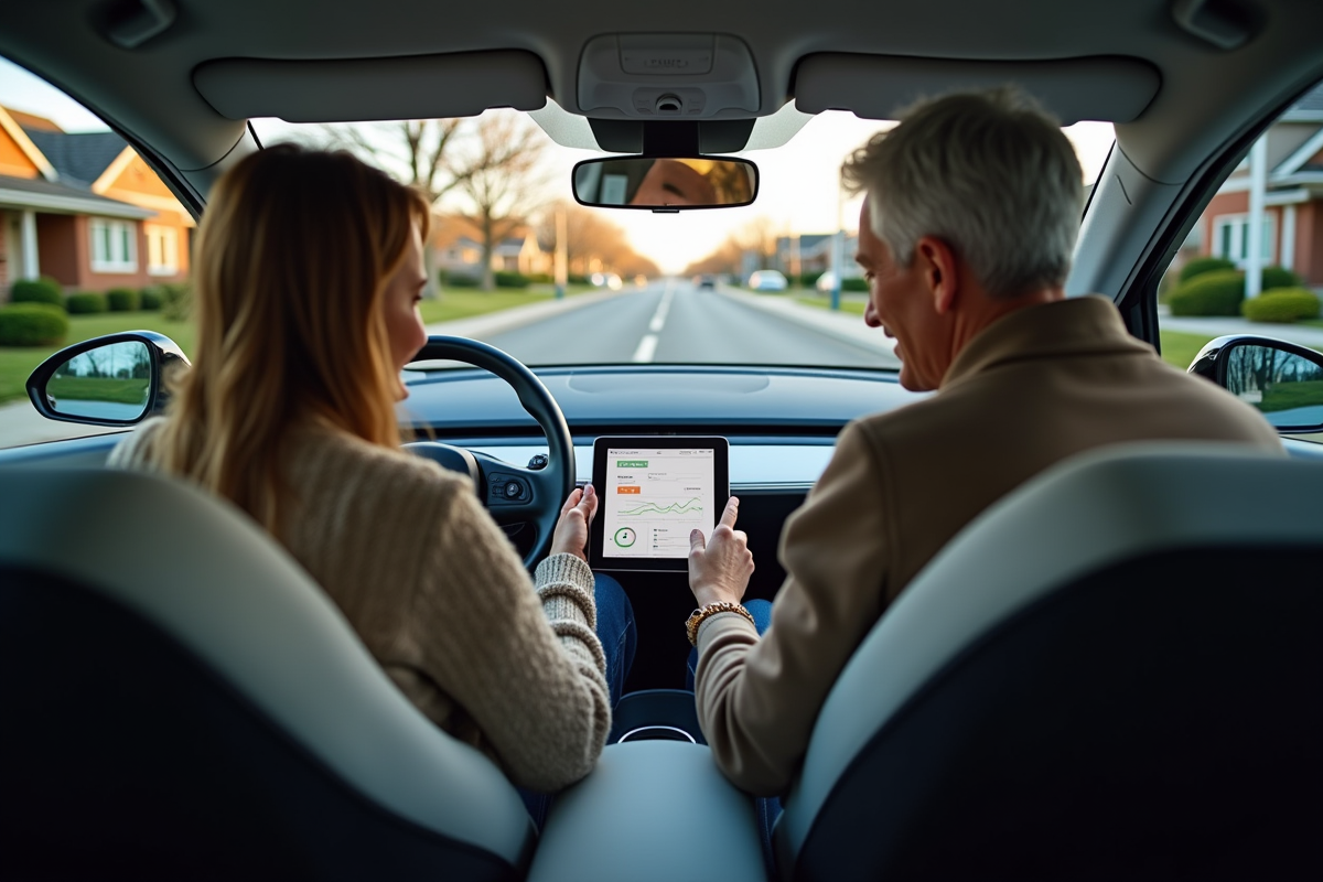 Couple détendu consulte un rapport de voiture électrique à la maison