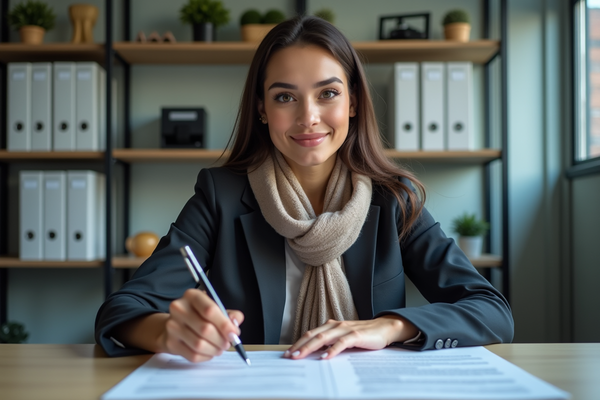 Jeune femme en bureau avec documents d