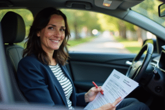 Femme souriante avec papiers d'assurance auto dans la voiture
