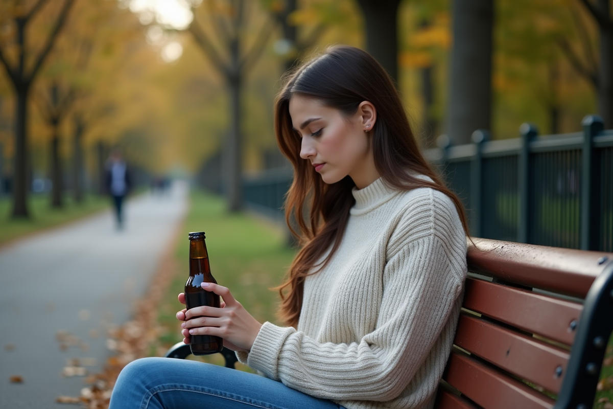 Femme au parc avec un breathalyzer et une bouteille de bière