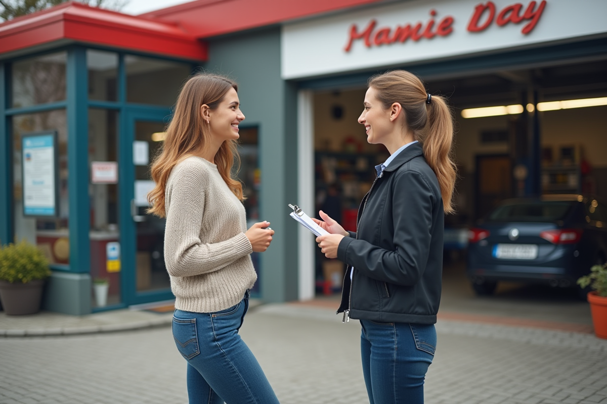Femme souriante discutant avec un conseiller auto devant le garage
