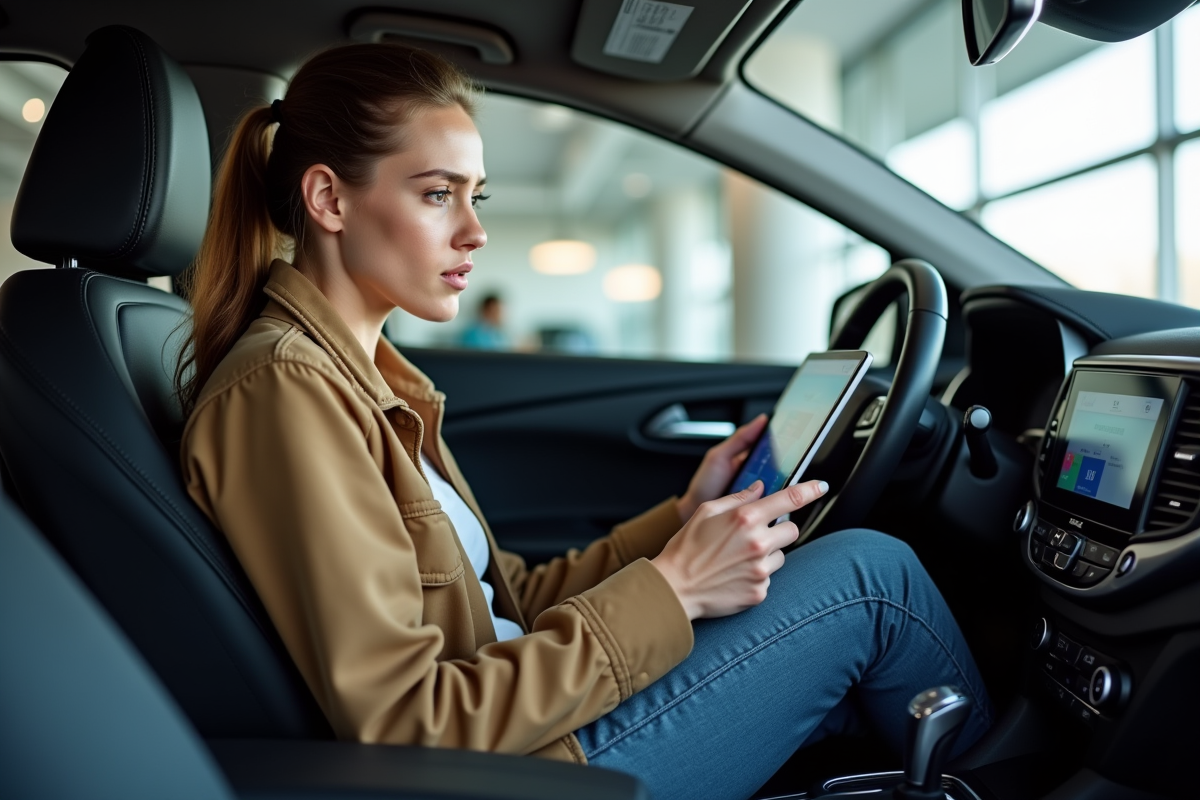 Jeune femme examinant un diagnostic moteur dans un centre de service automobile