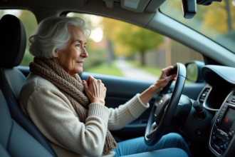 Femme âgée pensive dans sa voiture au bord de la rue
