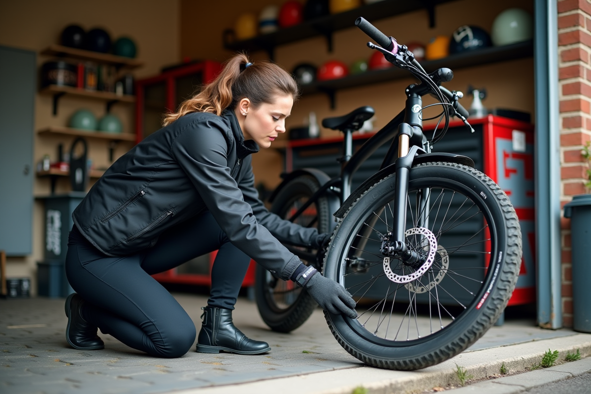 Femme en garage fixant un antivol sur sa moto