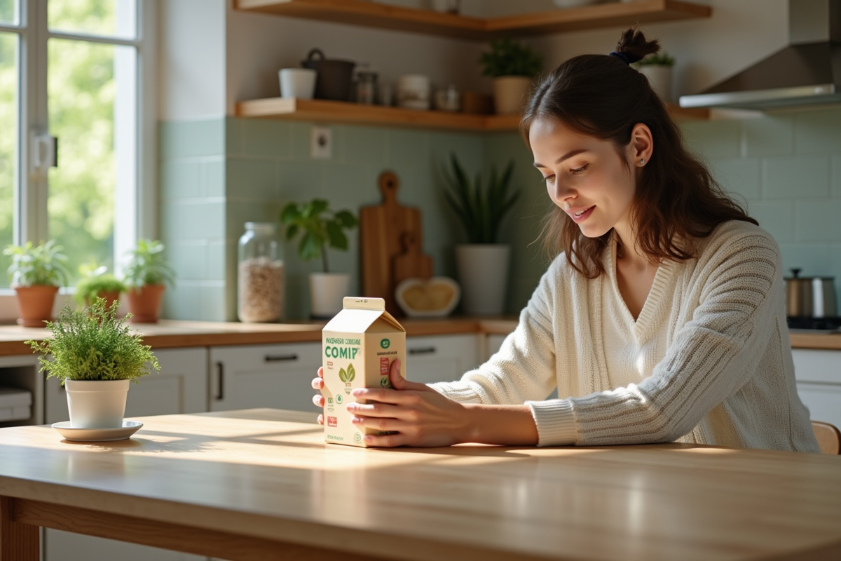 Jeune femme lisant des étiquettes alimentaires écologiques à la maison