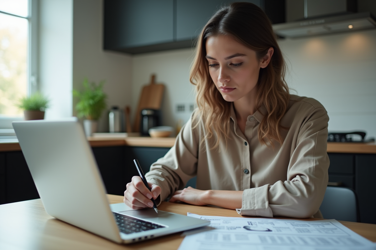 Jeune femme en intérieur analysant des papiers automobiles à la maison