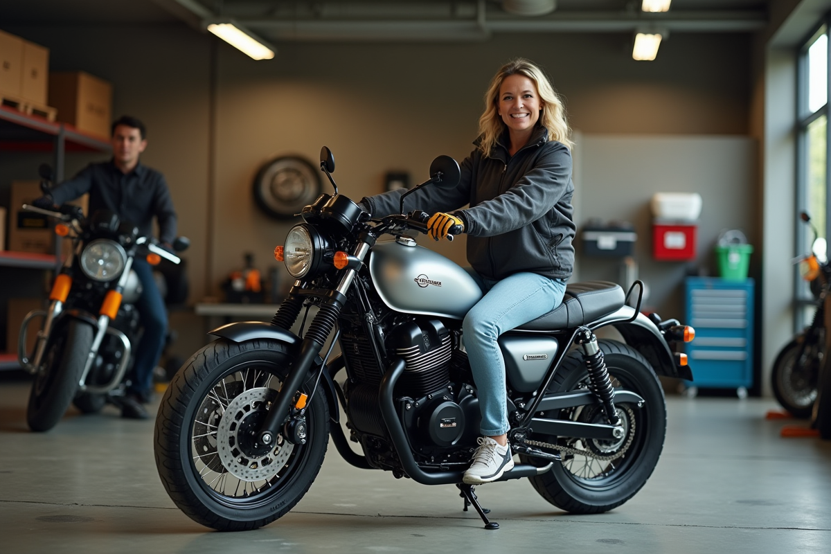 Femme en tenue de moto montrant le passage en neutre