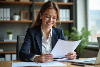 Femme souriante vérifiant son assurance voiture