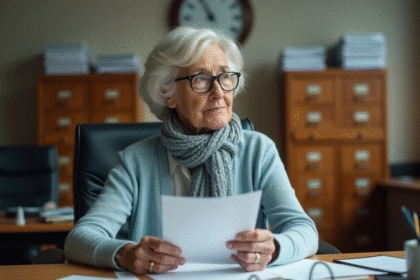 Femme senior en bureau tenant une lettre pensivement