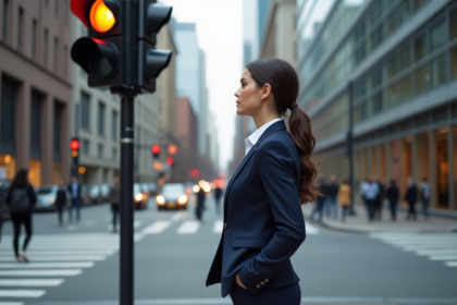 Jeune femme en costume observant un feu orange en ville