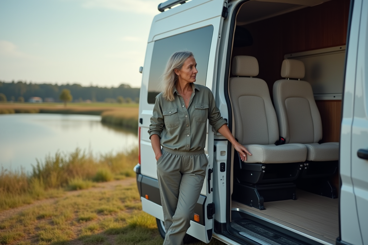 Femme examinant un van aménagé au bord du lac