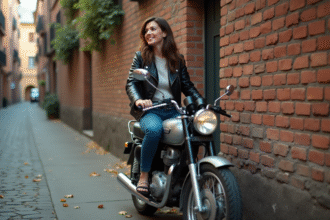 Femme souriante en veste rétro et moto Dax ancienne