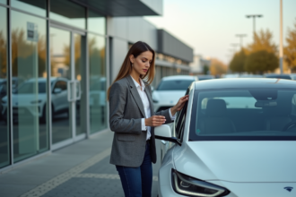 Femme élégante examine un écran de voiture électrique en concession