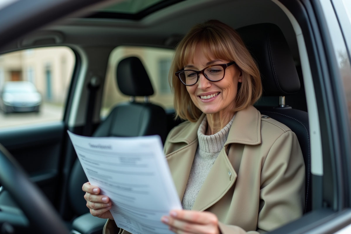 Femme dans sa voiture examine un document de registration provisoire