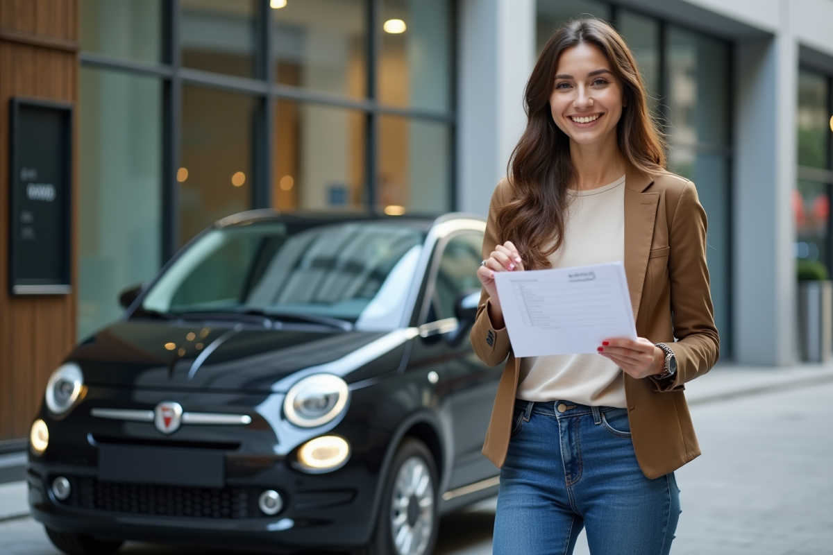 Femme souriante avec sa voiture dans un environnement urbain