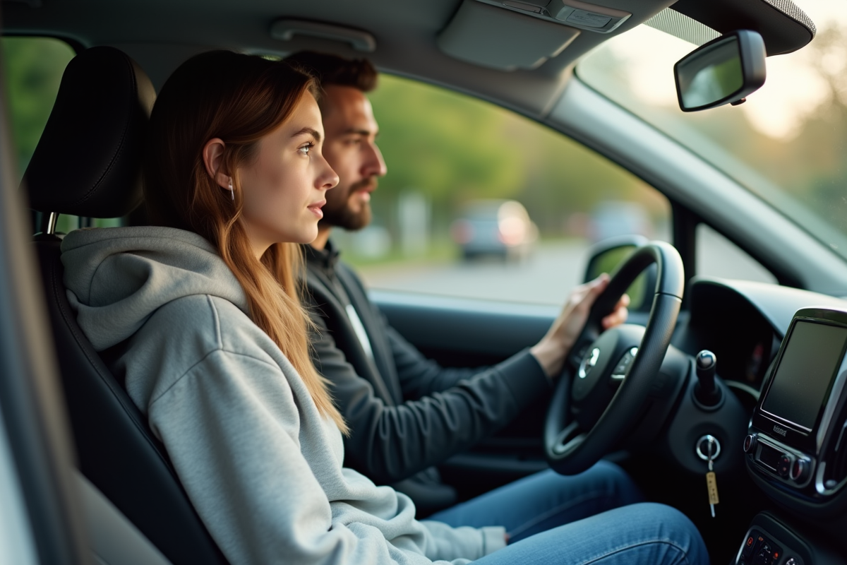Jeune femme écoutant son père dans une voiture moderne