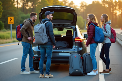 Quatre adultes chargent des sacs dans une voiture en voyage
