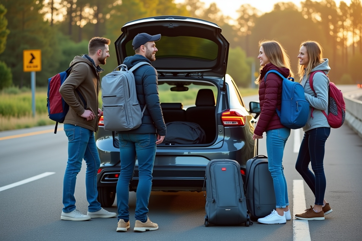 Quatre adultes chargent des sacs dans une voiture en voyage