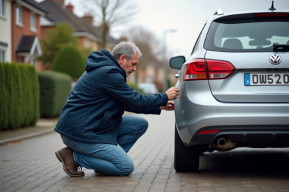 Homme attachant une plaque de securite a sa voiture