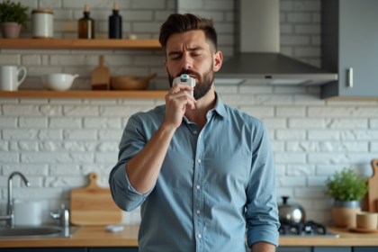 Homme en cuisine utilisant un breathalyzer pour mesurer l'alcool