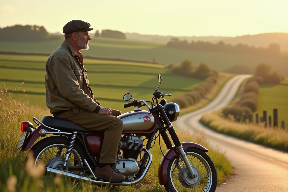 Homme en campagne avec moto Dax et paysage rural