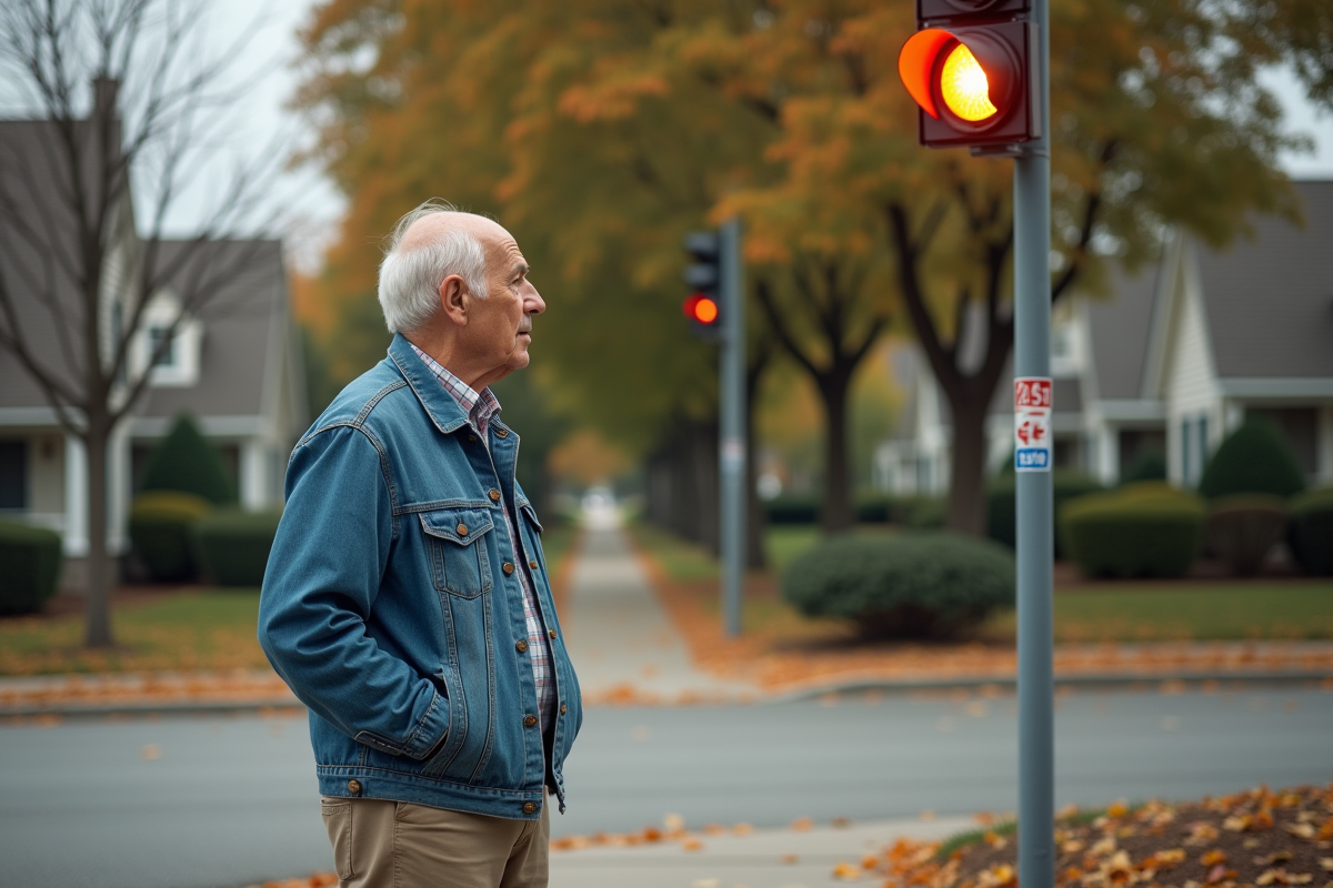 Homme âgé regardant un feu orange dans un quartier résidentiel