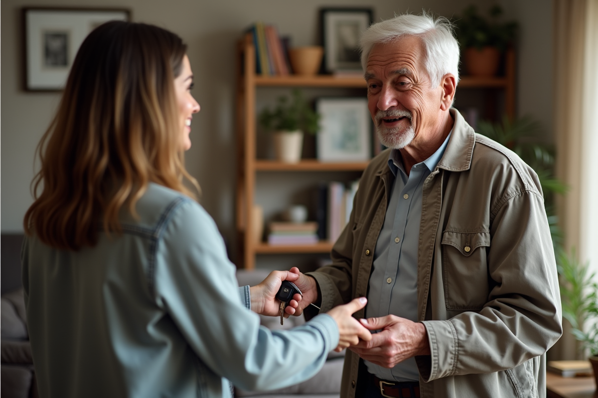 Homme âgé remettant ses clés à sa fille dans le salon