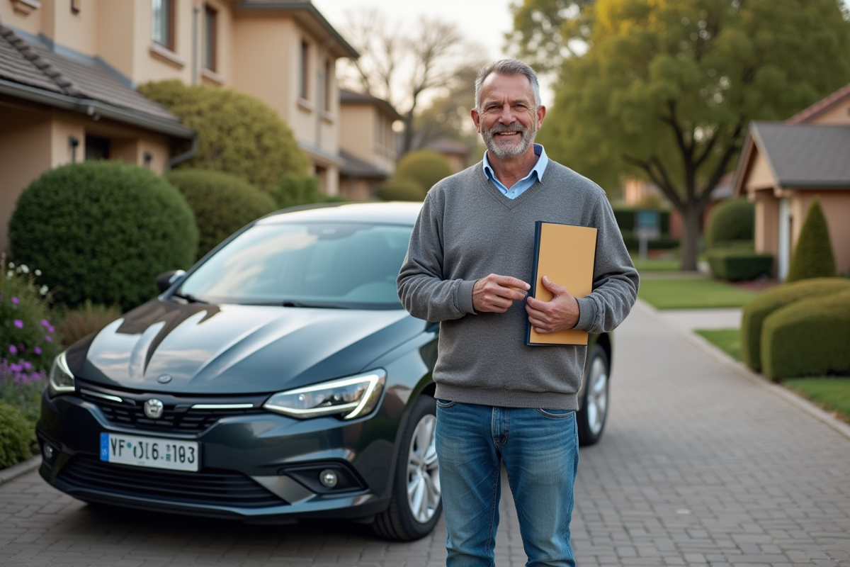 Homme souriant avec son véhicule dans la rue