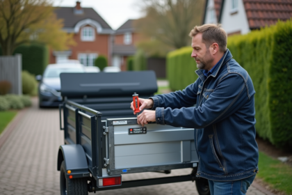 Homme attachant une tare plate sur une remorque en extérieur