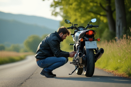 Homme vérifiant la pression de son pneu de moto dans la campagne