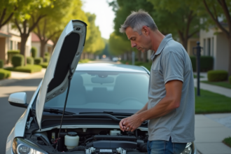 Homme d'âge moyen inspectant le moteur d'une voiture sur une allée résidentielle
