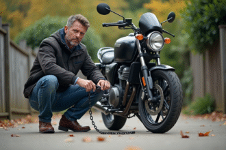 Homme en veste textile sécurise sa moto en extérieur