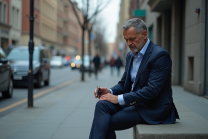 Homme en costume bleu assis seul sur un banc urbain