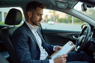 Homme en costume dans une voiture moderne en ville