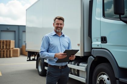 Homme d affaires à côté d un camion de livraison blanc
