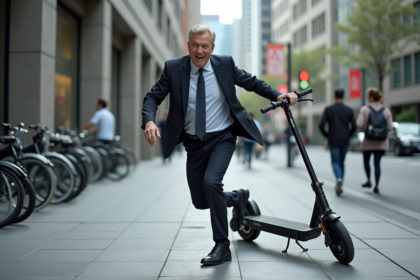 Homme d'affaires évitant un scooter renversé en ville