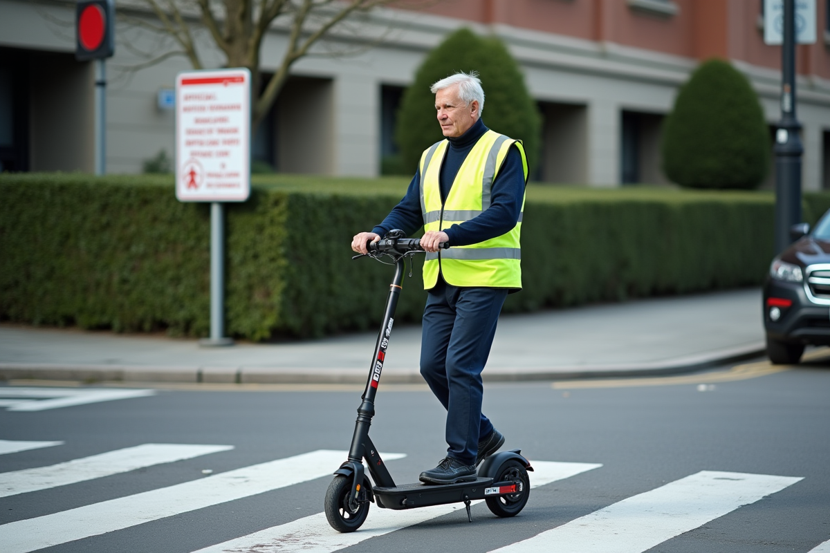 Homme en gilet de sécurité traversant à scooter